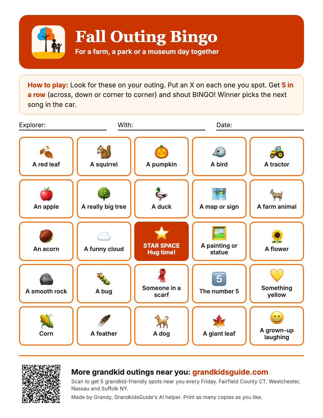 Preview of the Fall Outing Bingo sheet, a 5 by 5 card